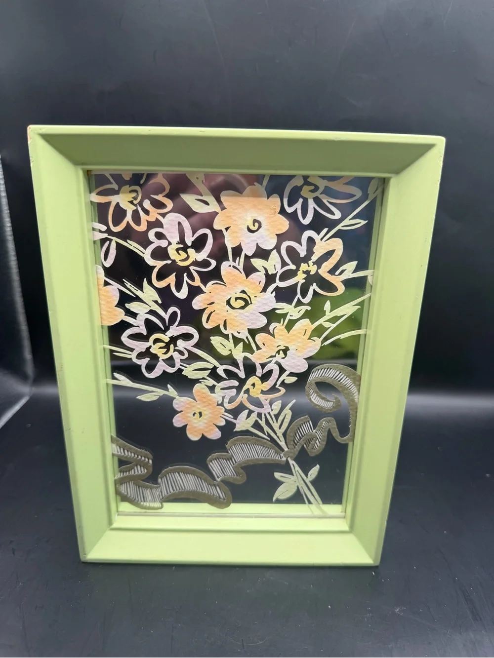 Vintage Floral Reverse Painted Glass Wall Art Green Frame